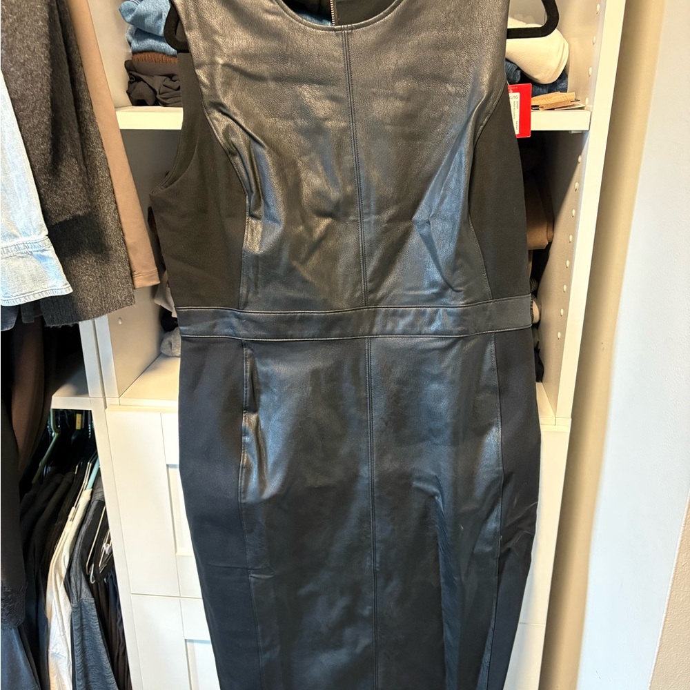 SPANX Black Faux Leather Midi Dress